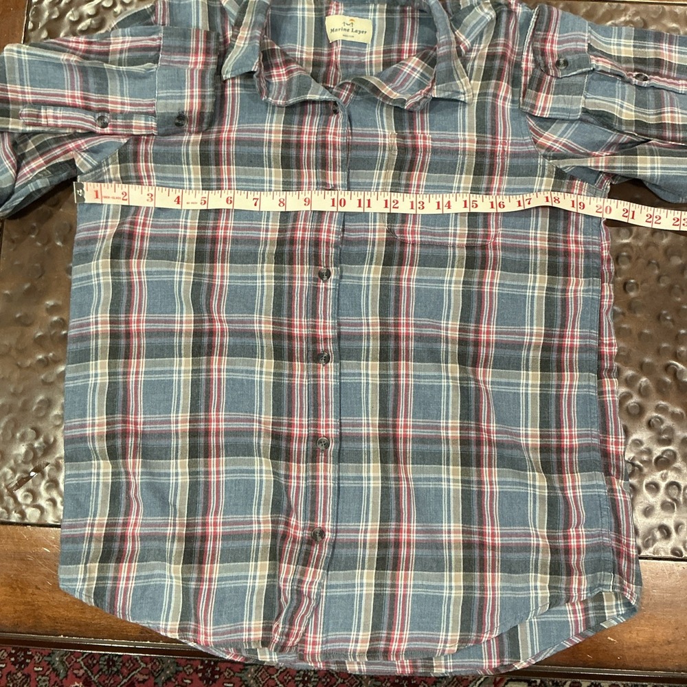 Marine Layer Plaid Flannel Button Down Shirt, Medium, Blue - Picture 5 of 8